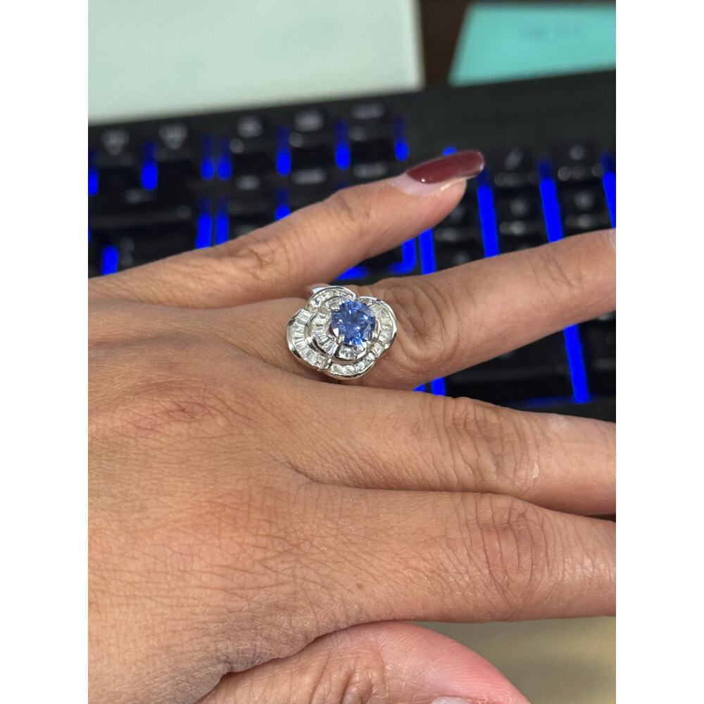 Art Deco 925 silver round blue CZ center stone with clear CZ accent stones